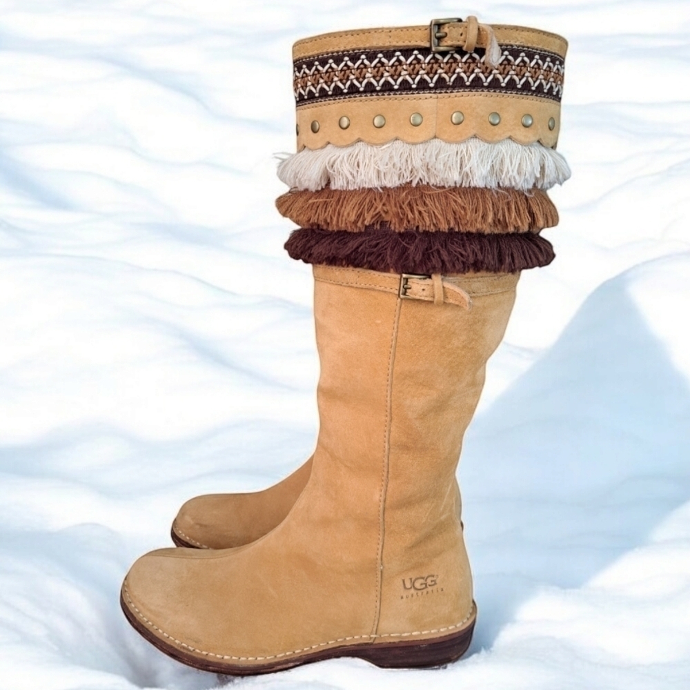 UGG Australia women's Keira tan suede shearling lining winter boots with fringe